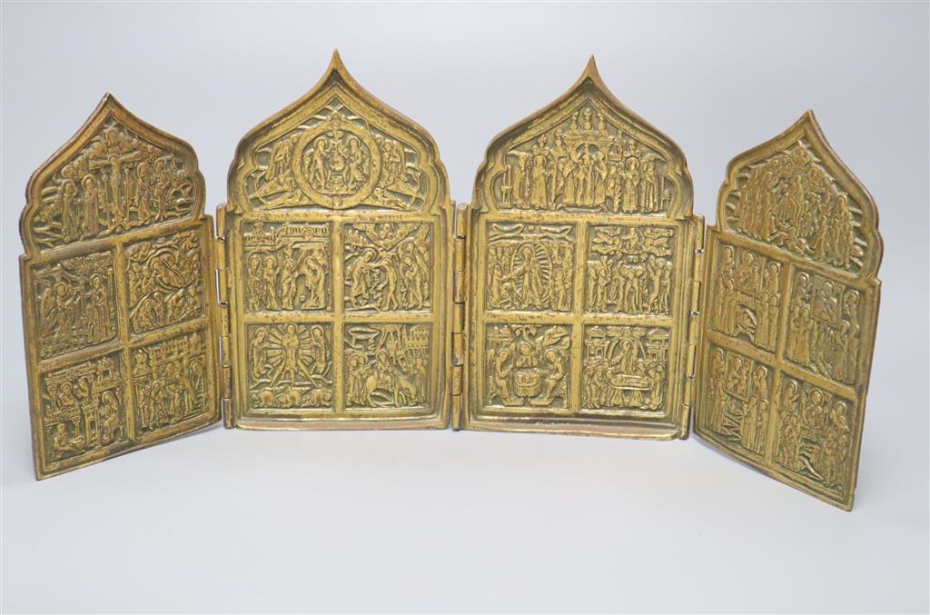 An early 19th century Russian four-section cast brass travelling icon,